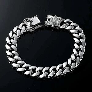 Silver Stainless Steel Zircon Cuban Miami Chain Link Unisex Bracelet